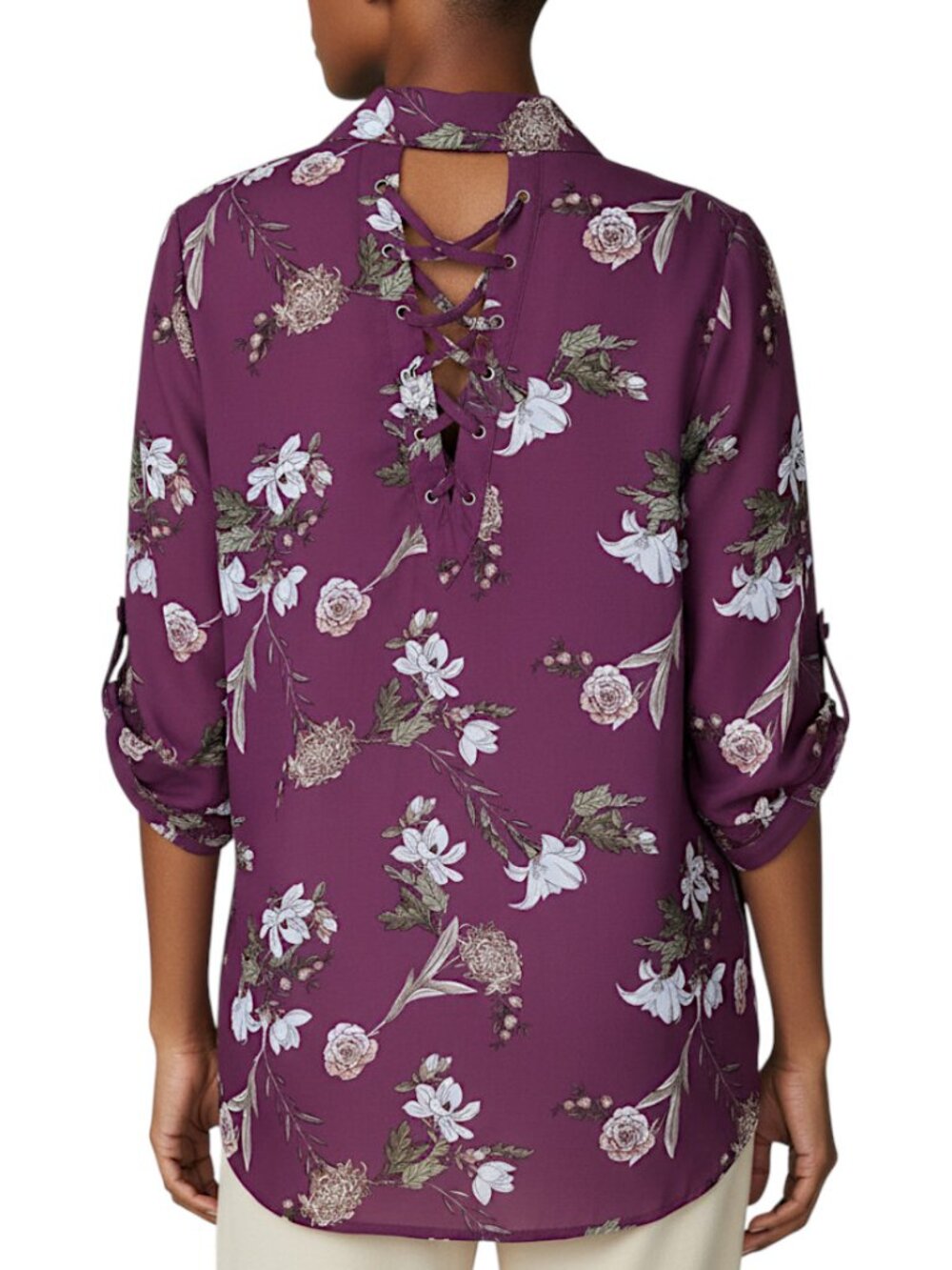 Justify Plum Floral Button Front Lace Back Blouse Women's Size S